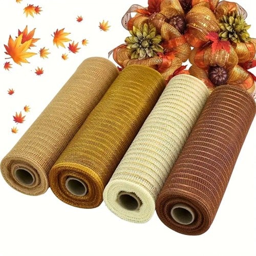 Decomesh Metallic Set Goud en Crèmetinten 26 cm rol 9 meter 4 rollen voor kransen en inpakken