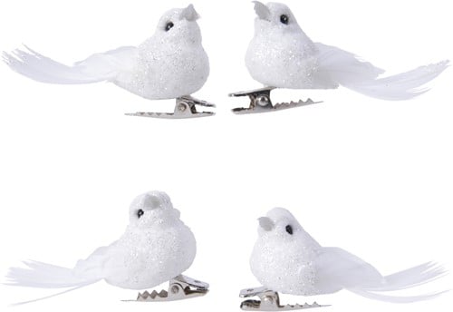 Witte vogeltjes op clip Wit glitter 4 stuks