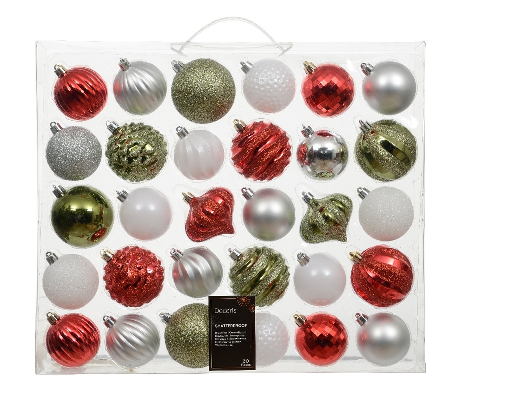 Kerstballen en ornamenten 7 cm Rood Wit Groen mix onbreekbaar doos 30 stuks