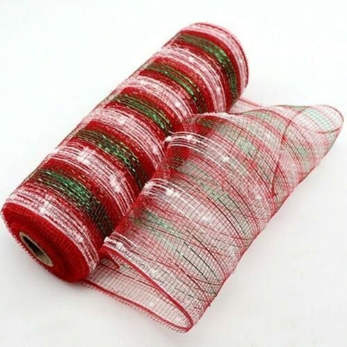 [A-022888] Decomesh Metallic 11 Rood Wit Groen streep 26 cm rol 9 meter voor kransen en inpakken