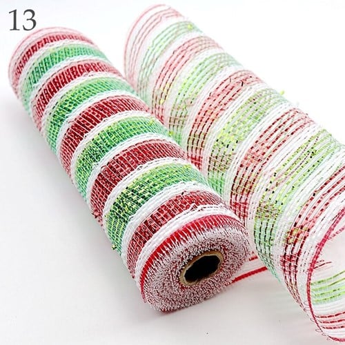 [A-022890] Decomesh Metallic Wit Rood Groen strepen 13 26 cm rol 9 meter voor kransen en inpakken