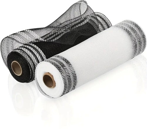 [A-027325] Decomesh Metallic Set Zwart Wit en Wit Zwart 26 cm rol 9 meter 2 rollen voor kransen en inpakken