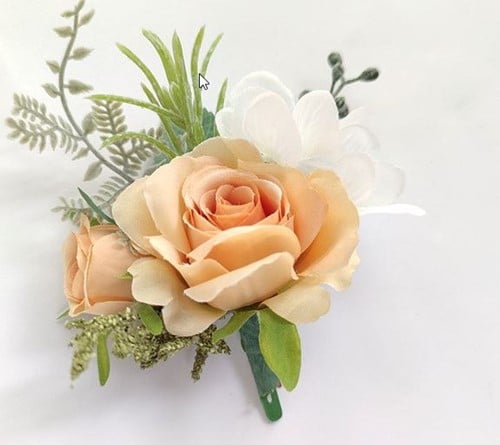 [A-024476] Luxe Corsage Zijden Roos Champagne Cava Boutonnière op pinclip met speld passend bij 024477