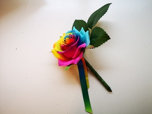 [A-024725] Regenboogcorsage Luxe Corsage Zijden Rainbow met blad en lint