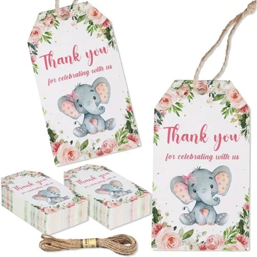 [A-027405] Bloemenkaartjes Thank you for celebrating Olifantje set 50st cadeaulabels met touwtje