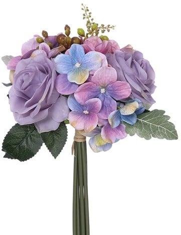 [A-024691] Budget boeket Handgebonden Zijden 28cm Roos, Hortensia, besjes en blad LILA/PINK/BLUE 
