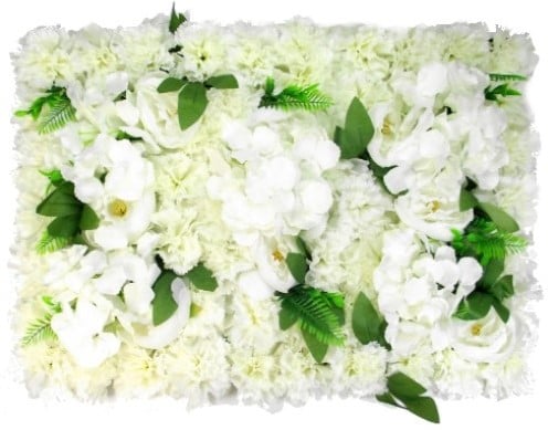 [A-019557] Flowerwall 40x60 cm 3D Pioen Anjer Hydrangea en Blad Ivory en Groen