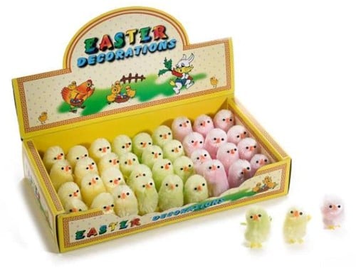 [A-023819] Chenille kuikentjes Pastel Lichter 4 cm doos 36 stuks 3 kleuren