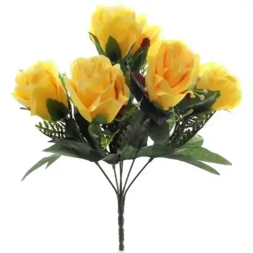 [A-024698] Zijden Rozen met Gips en Blad Geel Boeketje 33 cm