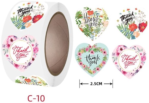 [A-022699] Sluitstickers Thank you Flowers Hartvorm etiket rol 500 labels