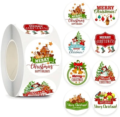 [A-025002] Sluitstickers Kerstetiketten Merry Christmas Happy Holiday kerst rond etiket 2,5 cm rol 500 labels