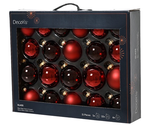 [A-027620] Kerstballen Glas Ossenbloedrood 7 cm Set van 21