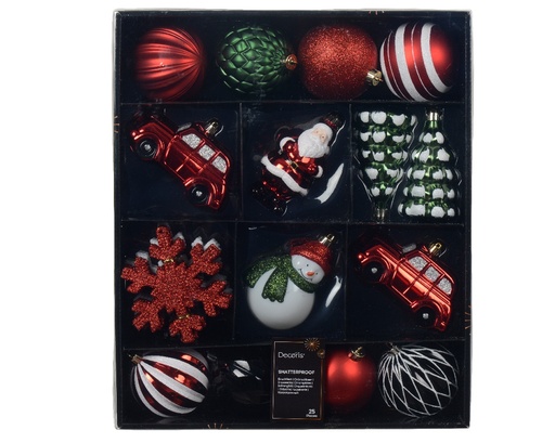[A-027647] Kerstballen 8 cm Rood Groen Wit gestreept mix onbreekbaar doos 25 stuks