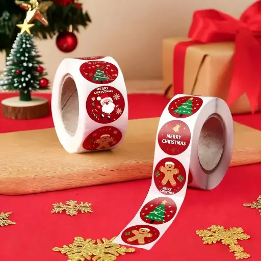 [A-027823] Sluitstickers Kerstetiketten Merry Christmas Vrolijke kerst rond etiket 2,5 cm rol 500 labels 