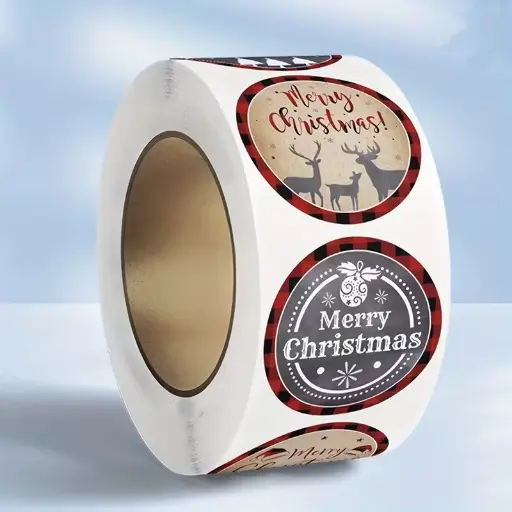 [A-027845] Sluitstickers kerstetiketten Merry Christmas Rood Zwart Klassiek rond etiket 2,5 cm rol 500 labels 