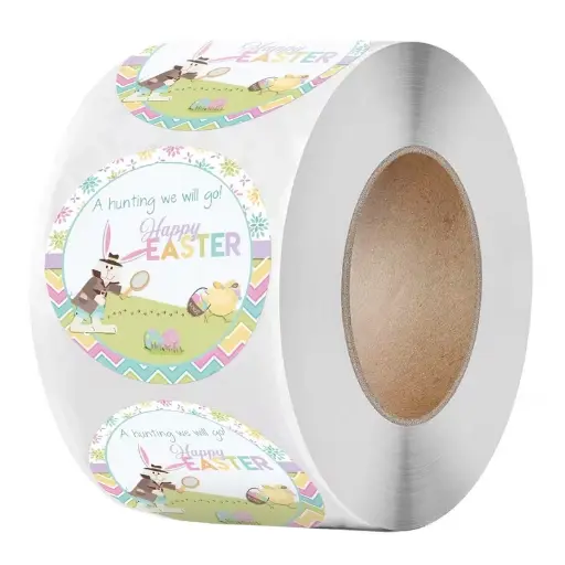 [A-027895] Sluitstickers Paashaas a Hunting Happy Easter pasen voorjaar rond etiket 2,5 cm rol 500 labels 